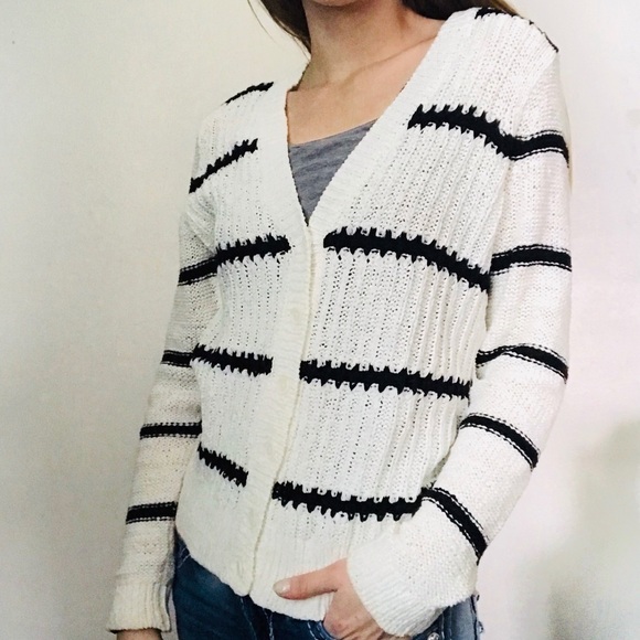 LOFT Stripe Black White Button Up Cardigan Sweater - Picture 2 of 8
